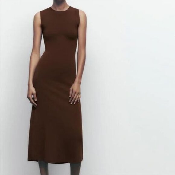Zara Brown Stretch Knit Sleeveless Open Back Midi Dress, NWOT, S - Picture 2 of 14